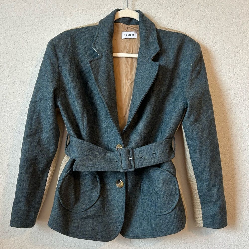 DESTREE Henry Wool Belted Blazer in Blue/Oatmeal, Size XS